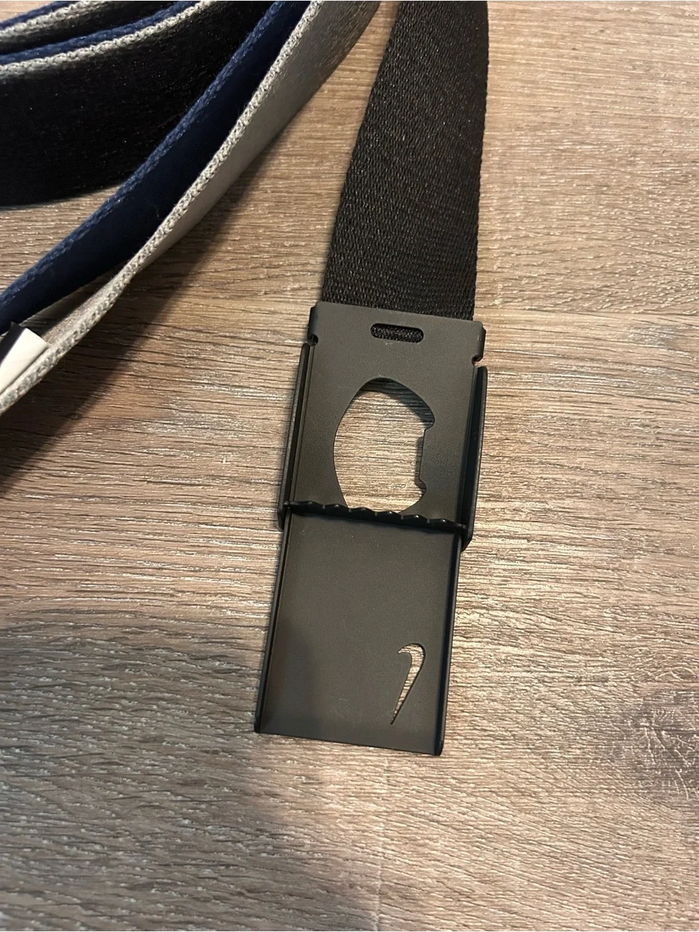 Nike Reversible Web Belt Mens One Size Navy Gray Black Matte Swoosh Buckle